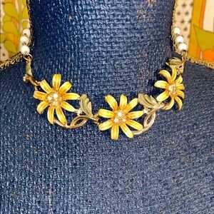 Vintage Yellow Flower Necklace with White Beads